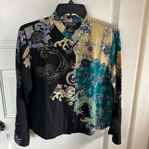Gorgeous CITRON 100% linen jacket w/gorgeous jewel tones, blossoms, dragon.